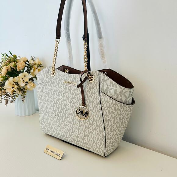 Michael Kors Purse jet set travel large chain tote shoulder bag vanilla MK - Picture 2 of 10